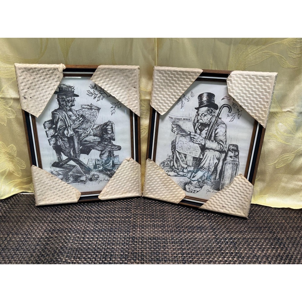 Original Framed Prints by Jim Daly Lot 2 Hobos  Reading Wall Street Journal NOS